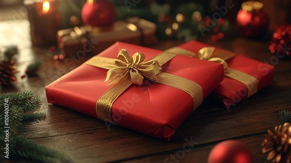 Fototapeta Two red gift boxes with gold ribbon on wooden surface near pine tree, perfect for holiday and Christmasthemed designs. Generated AI