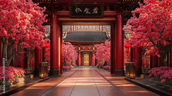 Fototapeta Red blossoms framing pathway to Chinese temple with traditional architecture. Suitable for travel, culture, Asiathemed designs and backgrounds. Generated AI
