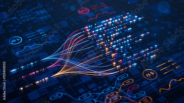 Fototapeta AI powers big data analysis and automation workflows, showcasing neural networks and data streams for business. Artificial intelligence, machine learning, digital transformation and tech innovation.