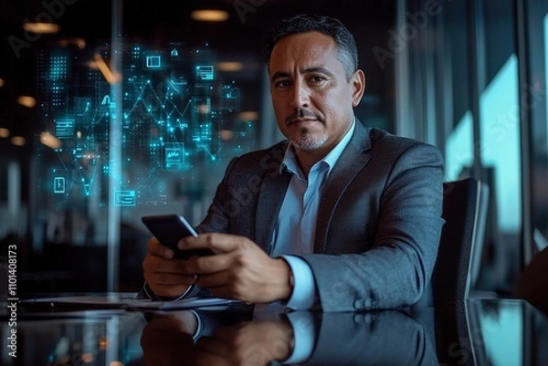 Fototapeta Businessman with phone, digital graphs floating in air, office s