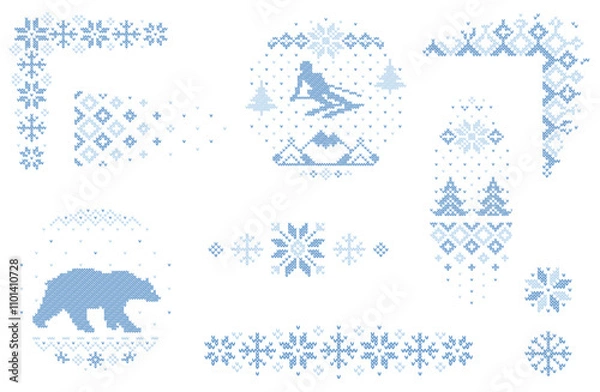 Obraz Knitted christmas design line collection with different corner, separator, main and frame elements