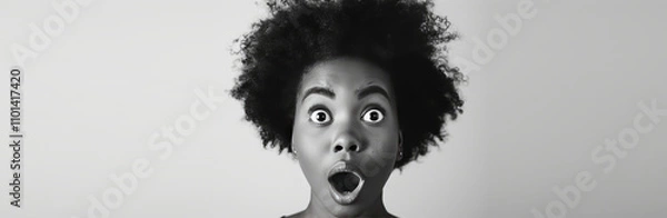 Obraz Portrait of Young dark-skinned woman with a surprised frightened expression and open mouth