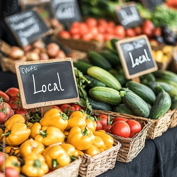 Fototapeta Fresh local produce displayed at market with signs