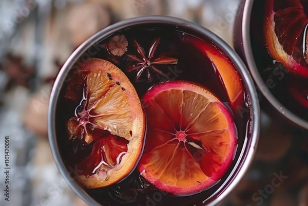 Fototapeta Red mulled wine in a pot with slices of orange, cinnamon stick, star anise close up. Food photography