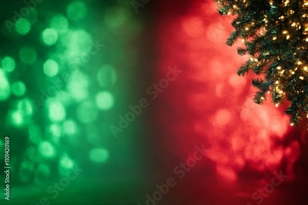 Fototapeta Festive Christmas background with green and red and empty space in the middle, Christmas tree ornaments