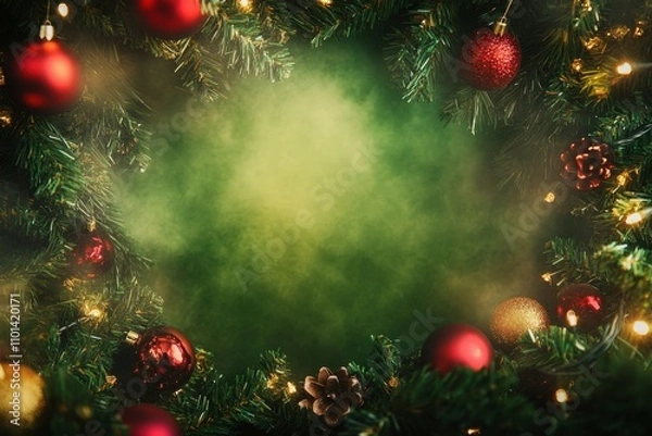 Fototapeta Festive Christmas background with green and red and empty space in the middle, Christmas tree ornaments
