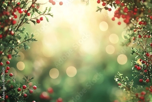 Fototapeta Festive Christmas background with green and red and empty space in the middle, red berries