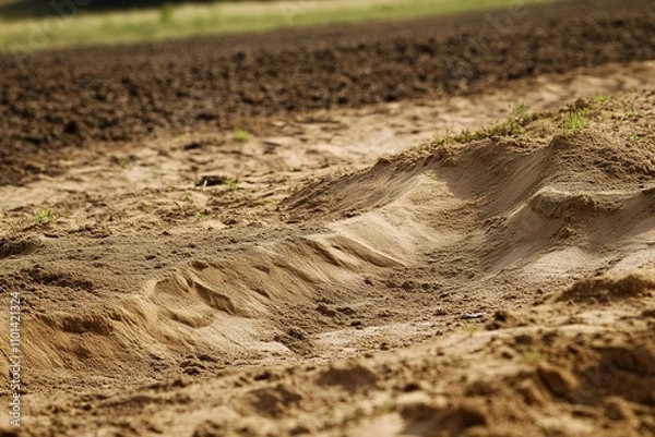 Fototapeta Close-up of erosion patterns in sandy soil with farmland backgro