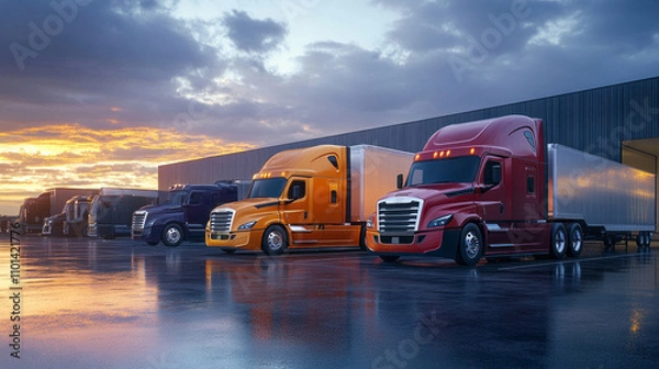 Fototapeta A row of semi trucks are parked in a lot, with one of them being a red semi truck