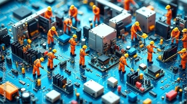 Fototapeta Tiny Titans of Technology: A whimsical scene of miniature workers meticulously repairing a circuit board. Miniature workers constructing a circuit board. 3