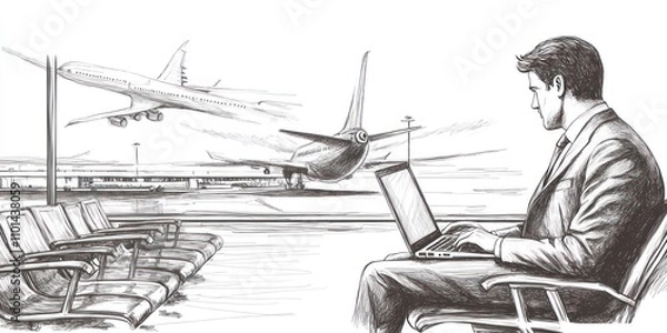 Fototapeta A businessman working on a laptop at an airport, with planes in the background.