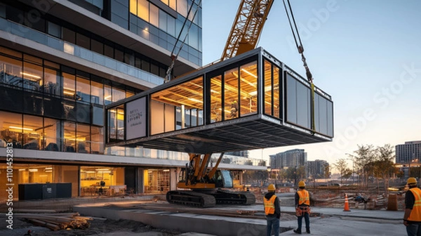 Obraz Cranes lifting large glass building module at construction site with workers in safety gear observing, against backdrop of modern office building and cityscape.