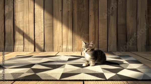 Fototapeta A curious kitten sits on a modern geometric-patterned rug in a warmly lit wooden room. The soft light and minimalistic decor create a cozy and serene atmosphere, perfect for lifestyle, pets, and