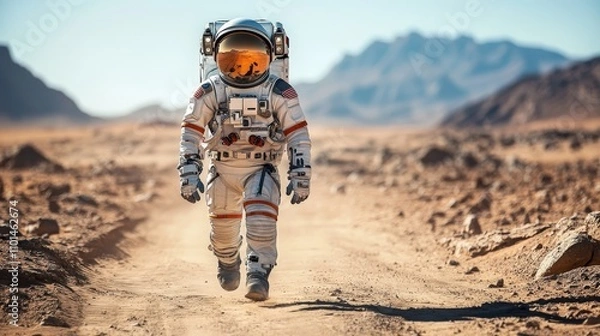 Obraz An astronaut walking on a barren landscape, resembling a distant planet or moon.