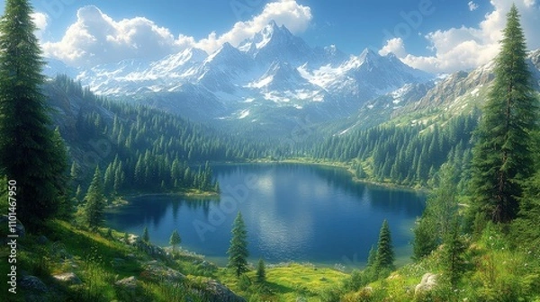 Obraz A serene mountain landscape featuring a lake surrounded by lush forests and towering peaks.
