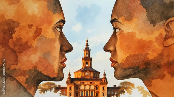 Obraz watercolor a visually striking human head silhouette of two faces looking into each other