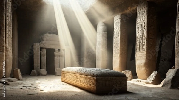 Fototapeta Ancient stone chamber with sarcophagus and hieroglyphs illuminated by sunlight through ceiling opening, featuring carved pillars and dusty floor
