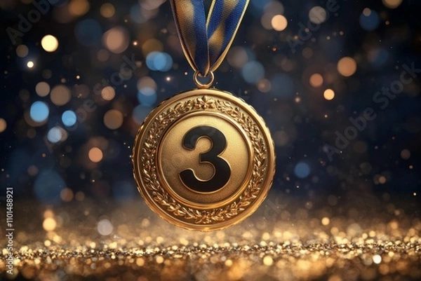 Obraz Medal on a ribbon for third place on a gold background with confetti. Medal for sports competitions. Copy space