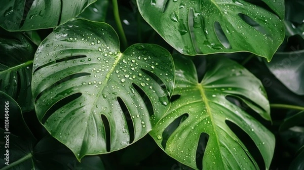 Fototapeta Fresh green monstera leaves with water droplets