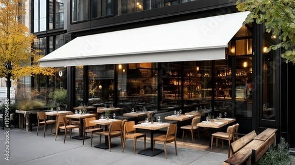 Obraz Modern outdoor restaurant seating with wooden tables and chairs under a white awning, adjacent to a building with large glass windows during daytime.