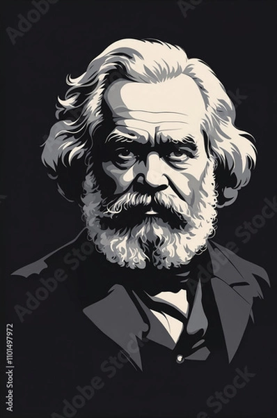 Fototapeta Karl Marx  - Portrait frontal in schwarz/weiß/grau