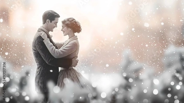 Obraz Vintage Couple Dancing in Enchanting Winter Wonderland After Engagement