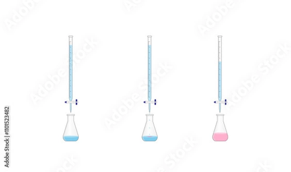Fototapeta Titration procedure. Titrant in a burette and analyte in a conical flask. End point, indicator color change. Scientific experiment in the laboratory. Scientific vector illustration.