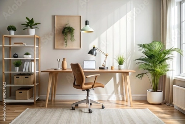 Fototapeta Minimalist Working Space in Flat Style Featuring Clean Lines, Neutral Colors, and Functional Furniture for a Productive Home Office Environment