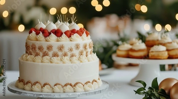 Fototapeta Elegant dessert table with a lavish cream cake adorned with fresh strawberries and decorative peaks at a festive celebration