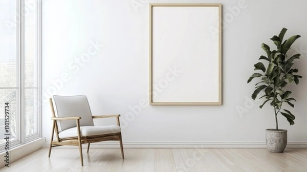 Fototapeta Minimalist Living Room with Empty Frame, Chair, and Plant