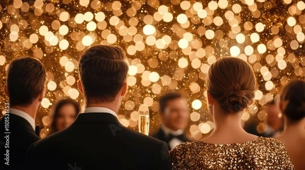 Fototapeta Elegant Evening Celebration with Guests Toasting Against a Sparkling Golden Background