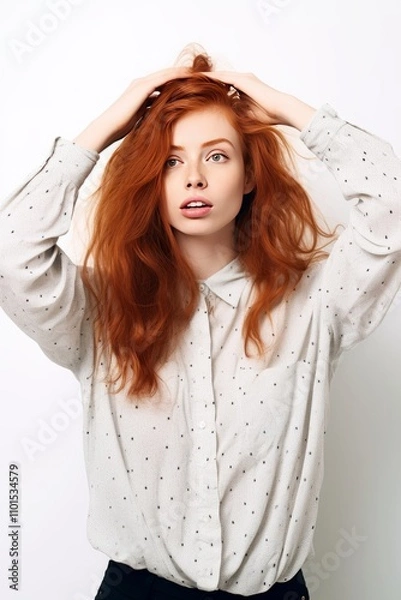 Obraz emotional red-haired girl holds her hands near her head on isolated light background