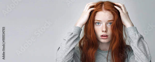Obraz emotional red-haired girl holds her hands near her head on isolated light background