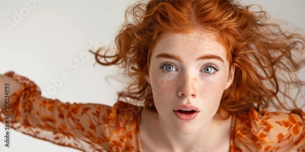 Obraz emotional red-haired girl holds her hands near her head on isolated light background