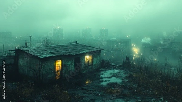 Obraz A foggy urban landscape with a dilapidated house and distant buildings illuminated at night.