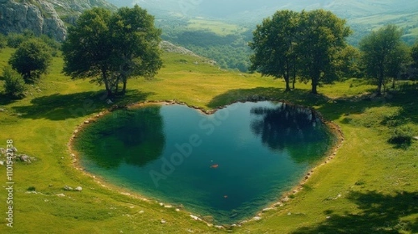 Obraz A heart-shaped lake surrounded by lush greenery and mountains in a serene landscape.
