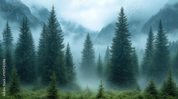 Obraz A misty forest landscape with towering trees and mountains in the background.