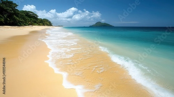 Fototapeta A serene beach scene with golden sand and calm turquoise waters under a clear blue sky.