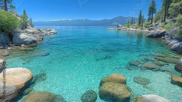 Obraz A serene lake scene with clear turquoise water, rocks, and trees under a blue sky.