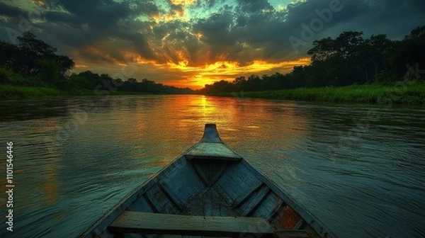 Obraz A serene sunset view from a boat on a tranquil river, surrounded by lush greenery.
