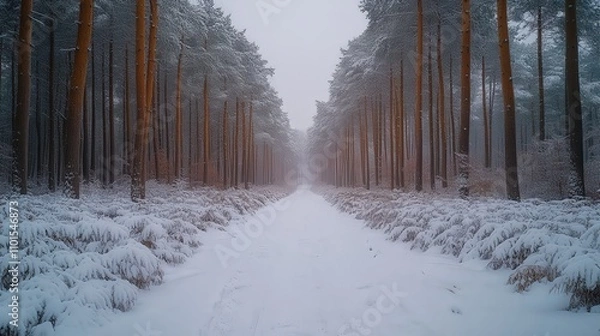 Obraz A serene winter forest path covered in snow, creating a tranquil atmosphere.