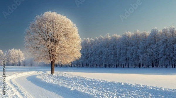 Obraz A serene winter landscape featuring a frosted tree and a snow-covered path.