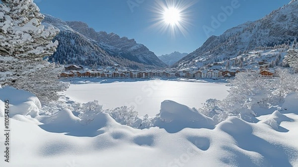 Obraz A serene winter landscape with snow-covered mountains and a frozen lake under a bright sun.