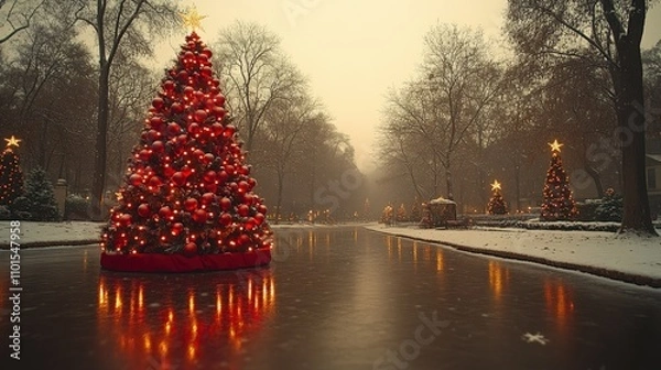 Obraz A serene winter scene featuring a decorated Christmas tree by a frozen pond in a snowy park.