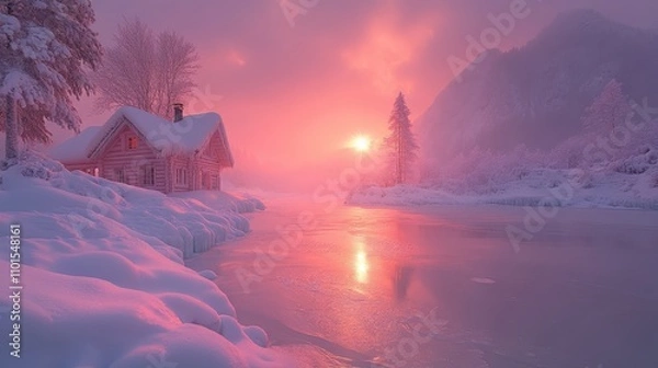 Obraz A serene winter landscape with a cozy cabin at sunset, surrounded by snow and ice.