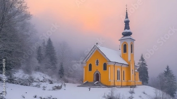 Obraz A serene yellow church stands amidst a snowy landscape at dawn, surrounded by trees and mist.