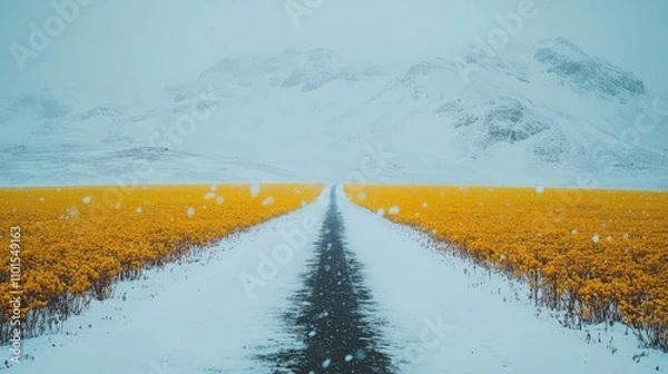 Obraz A snowy road leads through a field of vibrant yellow flowers against a mountainous backdrop.