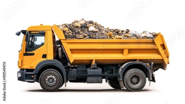 Fototapeta Orange dump truck filled with various construction debris and materials isolated on white background, side view.