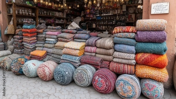Obraz A vibrant display of colorful rugs and cushions in a market setting.