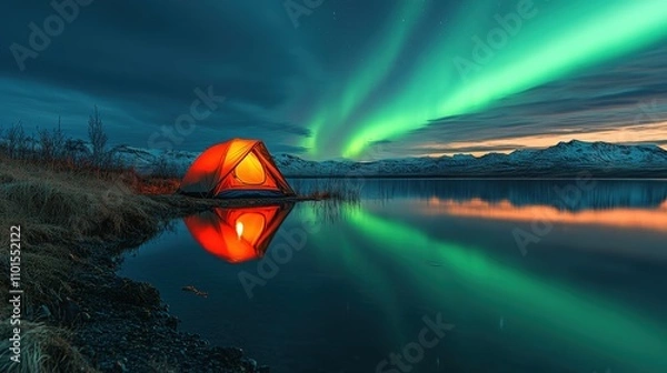 Obraz A vibrant tent illuminated by the Northern Lights, reflecting in a serene lake.